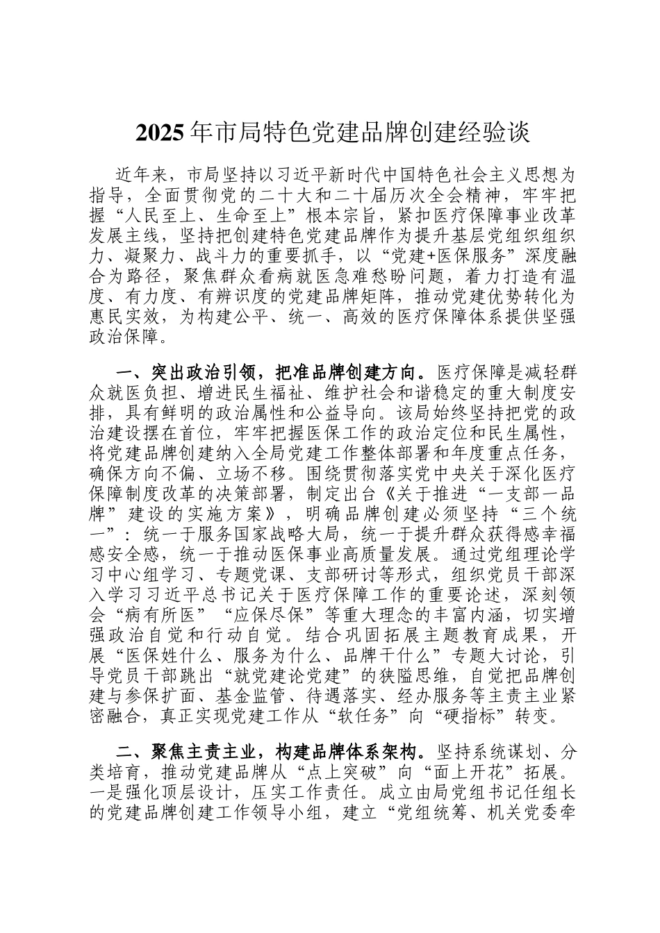 2025年市局特色党建品牌创建经验谈_第1页
