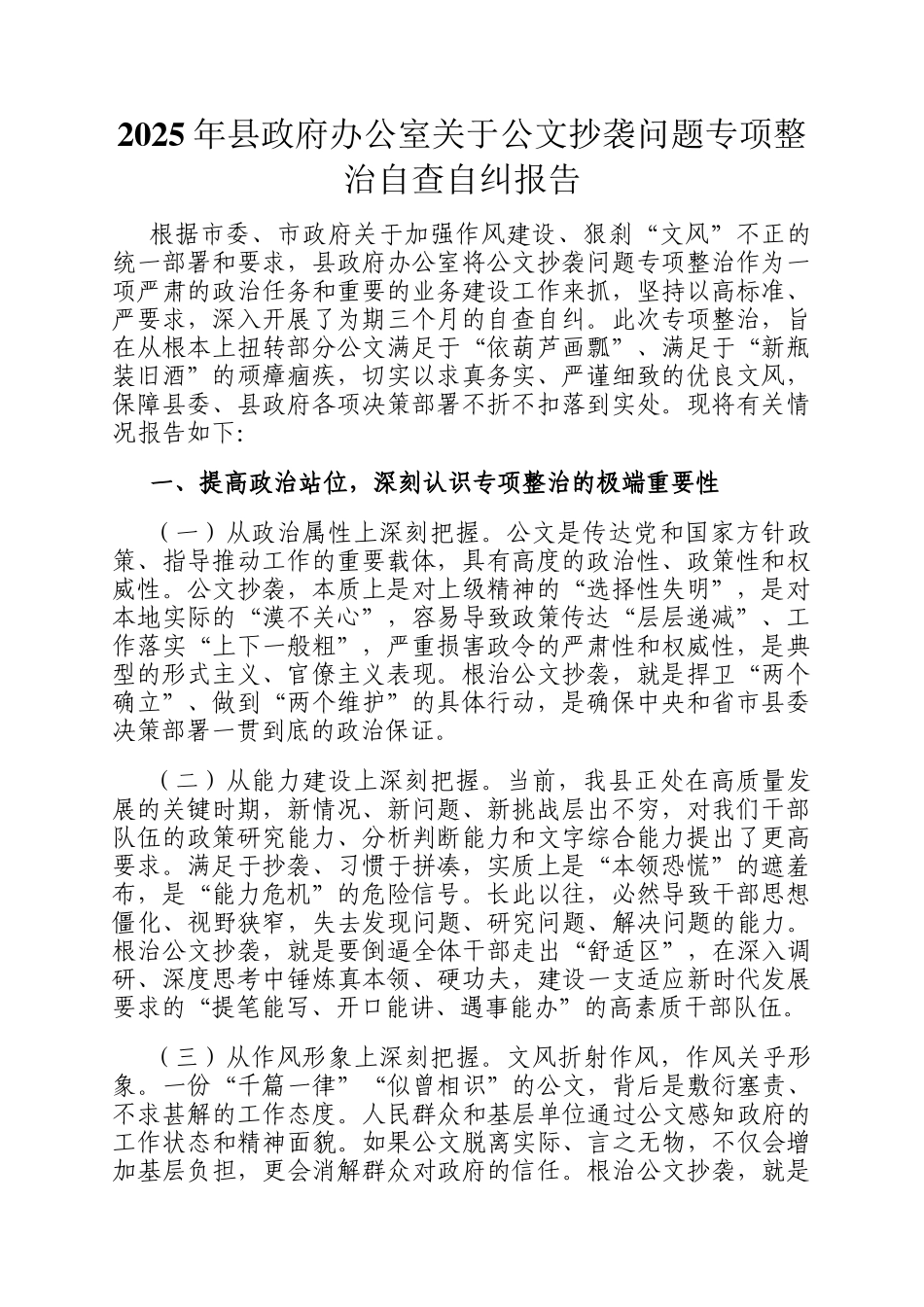 2025年县政府办公室关于公文抄袭问题专项整治自查自纠报告_第1页