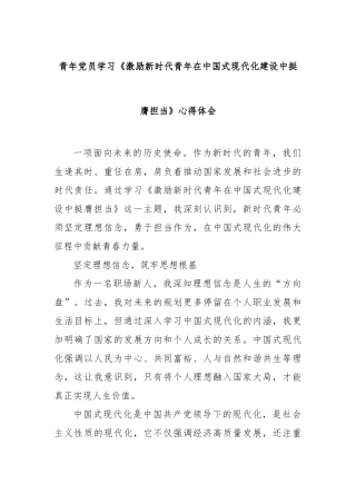 青年党员学习《激励新时代青年在中国式现代化建设中挺膺担当》心得体会【更多材料关注抖音：资深秘书