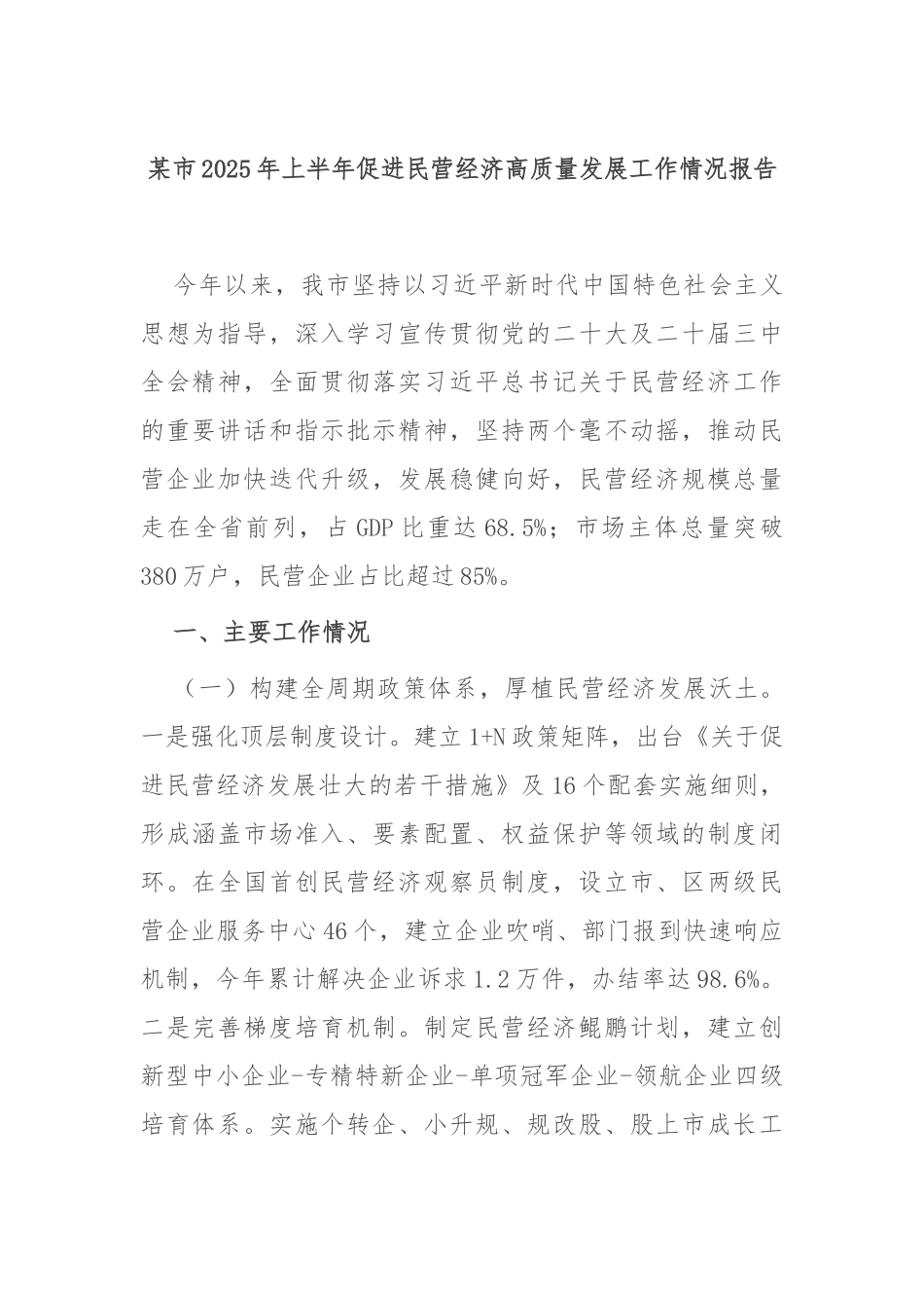 市2025年上半年促进民营经济高质量发展工作情况报告【更多材料关注抖音：资深秘书】_第1页