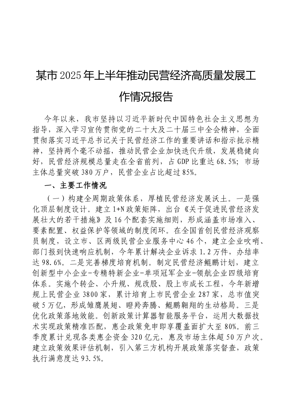 市2025年上半年推动民营经济高质量发展工作情况报告【更多材料关注抖音：资深秘书】_第1页