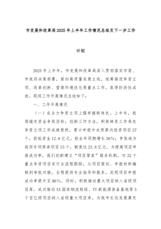 市发展和改革局2025年上半年工作情况总结及下一步工作计划【更多材料关注抖音：资深秘书】