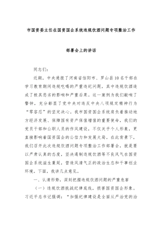市国资委主任在国资国企系统违规饮酒问题专项整治工作部署会上的讲话【更多材料关注抖音：资深秘书】