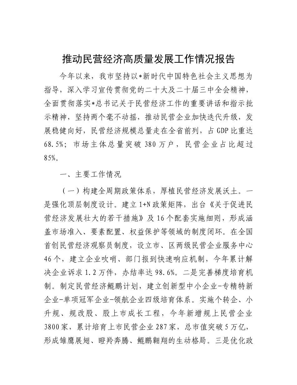 市推动民营经济高质量发展工作情况报告【更多材料关注抖音：资深秘书】_第1页