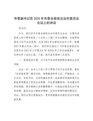市委副书记在 2025年市委全面依法治市委员会会议上的讲话【更多材料关注抖音：资深秘书】