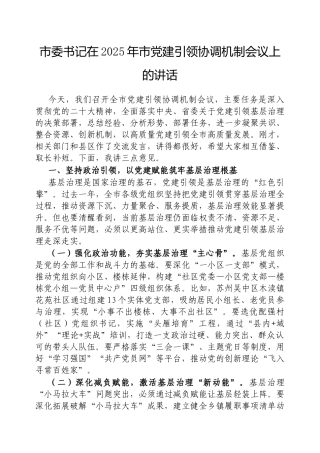 市委书记在2025年市党建引领协调机制会议上的讲话【更多材料关注抖音：资深秘书】