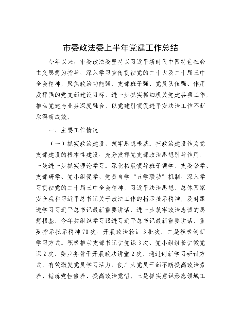市委政法委上半年党建工作总结【更多材料关注抖音：资深秘书】_第1页
