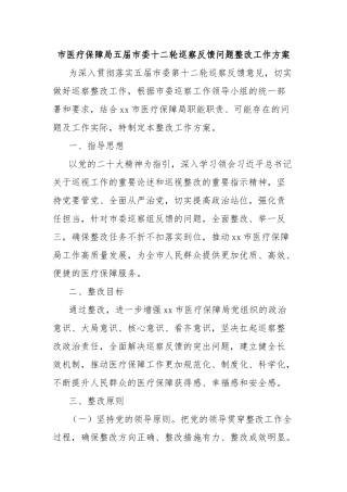 市医疗保障局五届市委十二轮巡察反馈问题整改工作方案【更多材料关注抖音：资深秘书】
