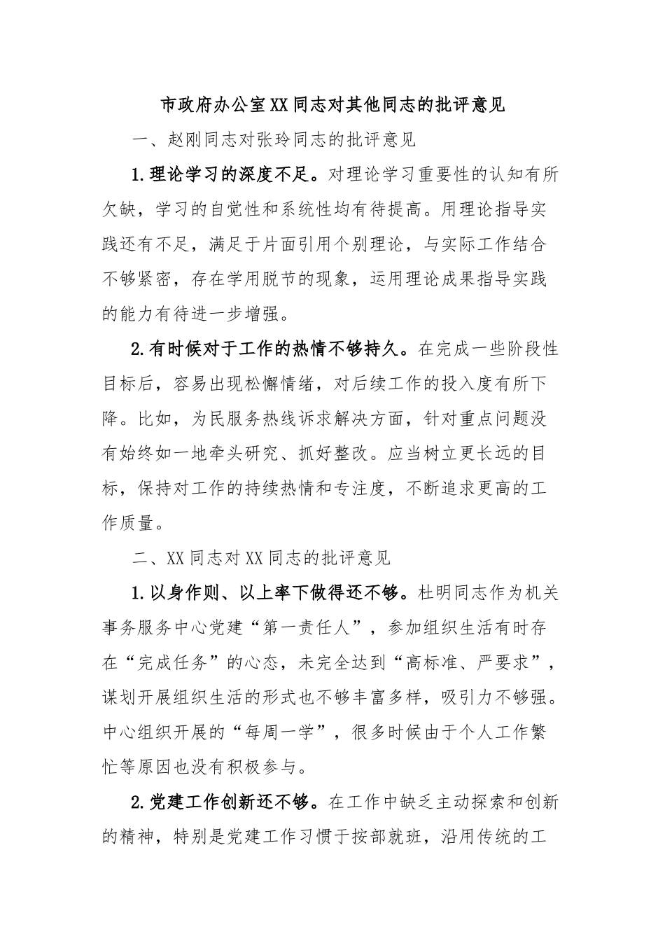 市政府办公室同志对其他同志的批评意见【更多材料关注抖音：资深秘书】_第1页