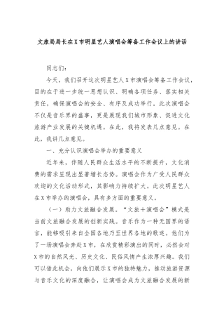 文旅局局长在市明星艺人演唱会筹备工作会议上的讲话【更多材料关注抖音：资深秘书】