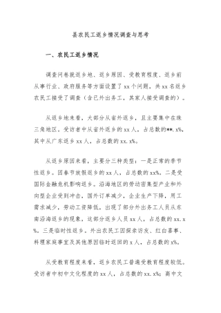 县农民工返乡情况调查与思考【更多材料关注抖音：资深秘书】