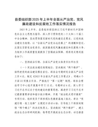 县委组织部2025年上半年全面从严治党、党风廉政建设和反腐败工作落实情况报告【更多材料关注抖音