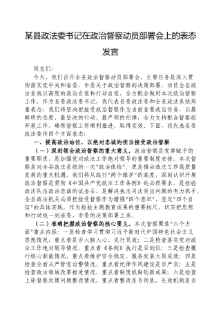 县政法委书记在政治督察动员部署会上的表态发言【更多材料关注抖音：资深秘书】
