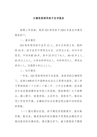 乡镇党委领导班子自评报告【更多材料关注抖音：资深秘书】