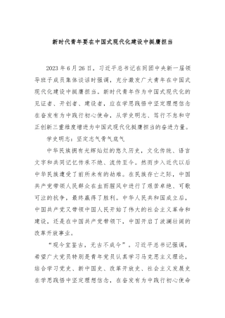 新时代青年要在中国式现代化建设中挺膺担当【更多材料关注抖音：资深秘书】