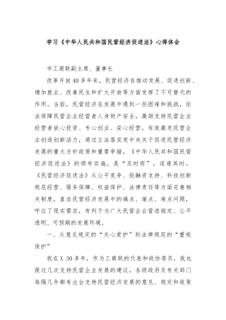 学习《中华人民共和国民营经济促进法》心得体会【更多材料关注抖音：资深秘书】