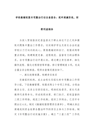 学校教辅校服专项整治行动自查报告：筑牢清廉防线，斩断利益链条【更多材料关注抖音：资深秘书】