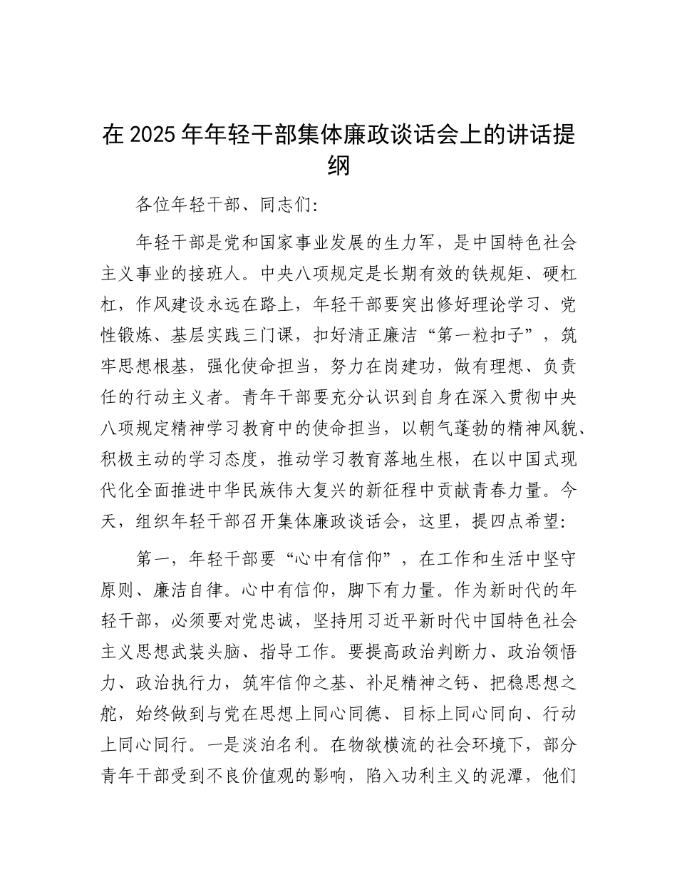 在2025年年轻干部集体廉政谈话会上的讲话提纲【更多材料关注抖音：资深秘书】_第1页