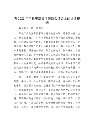 在2025年年轻干部集体廉政谈话会上的讲话提纲【更多材料关注抖音：资深秘书】