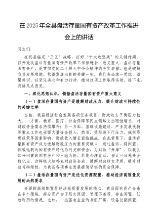 在2025年全县盘活存量国有资产改革工作推进会上的讲话【更多材料关注抖音：资深秘书】