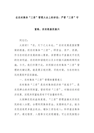 在农村集体“三资”管理大会上的讲话：严管“三资”守富路，夯实根基促振兴【更多材料关注抖音：资深秘书