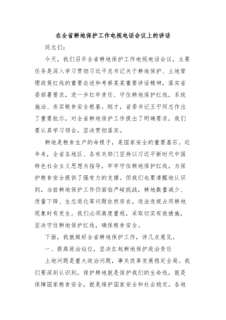 在全省耕地保护工作电视电话会议上的讲话【更多材料关注抖音：资深秘书】