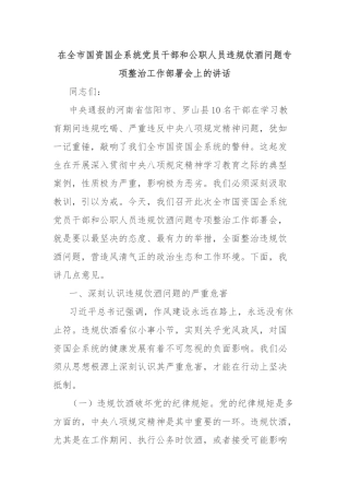 在全市国资国企系统党员干部和公职人员违规饮酒问题专项整治工作部署会上的讲话【更多材料关注抖音：