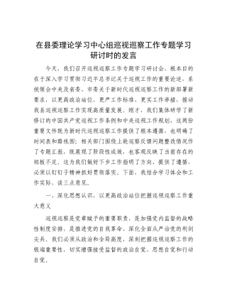 在县委理论学习中心组巡视巡察工作专题学习研讨时的发言【更多材料关注抖音：资深秘书】