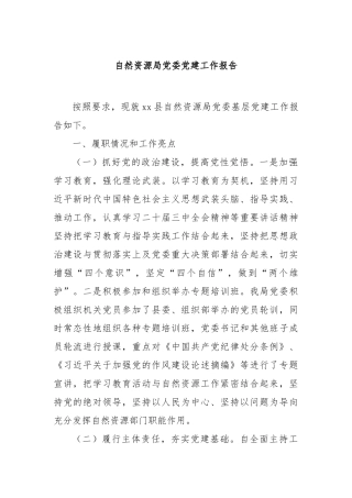 自然资源局党委党建工作报告【更多材料关注抖音：资深秘书】