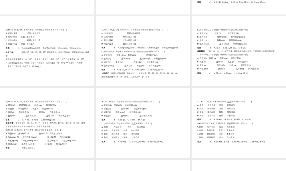 （广东地区）中考语文总复习 第一部分 积累与运用 专题二 识字与写字（试题部分）课件-人教版初中九年级全册语文课件