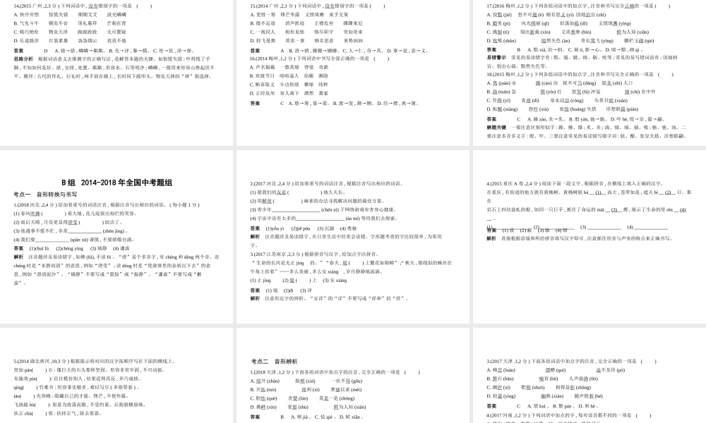（广东地区）中考语文总复习 第一部分 积累与运用 专题二 识字与写字（试题部分）课件-人教版初中九年级全册语文课件