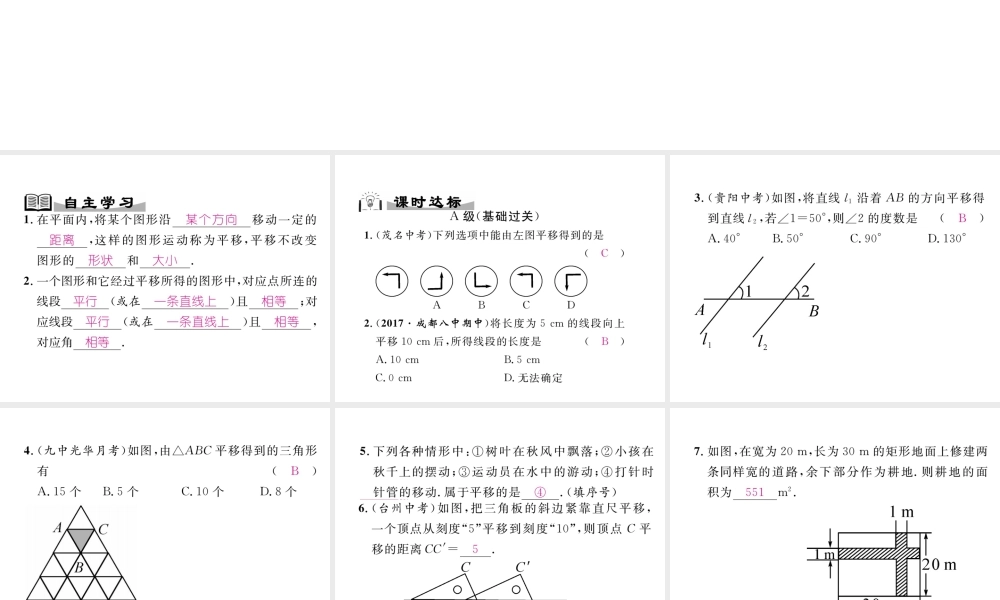 （成都专版）春八年级数学下册 第3章 图形的平移与旋转 1 图形的平移 第1课时 平移的概念与性质作业课件 （新版）北师大版-（新版）北师大版初中八年级下册数学课件