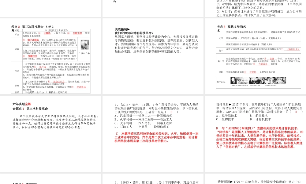 （德州专版）中考历史总复习 第一部分 系统复习 成绩基石 主题二十 世界近现代科技、思想和文化课件-人教版初中九年级全册历史课件