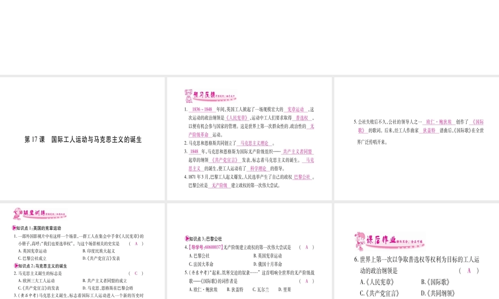 （广西专版）九年级历史上册 第17课 国际工人运动与马克思主义的诞生习题课件 新人教版-新人教版初中九年级上册历史课件