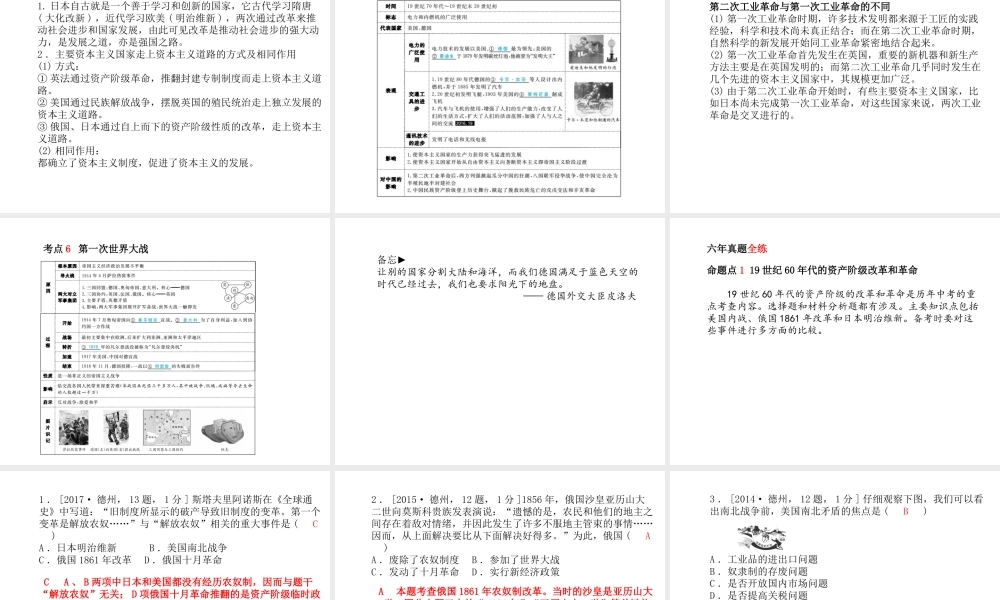 （德州专版）中考历史总复习 第一部分 系统复习 成绩基石 主题十六 世界资本主义制度的确立与发展、无产阶级的斗争及一战课件-人教版初中九年级全册历史课件