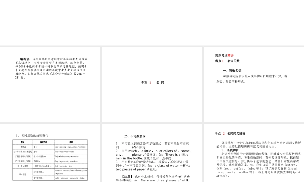 （德州专版）中考英语总复习 第二部分 专项语法 高效突破 专项1 名词课件-人教版初中九年级全册英语课件