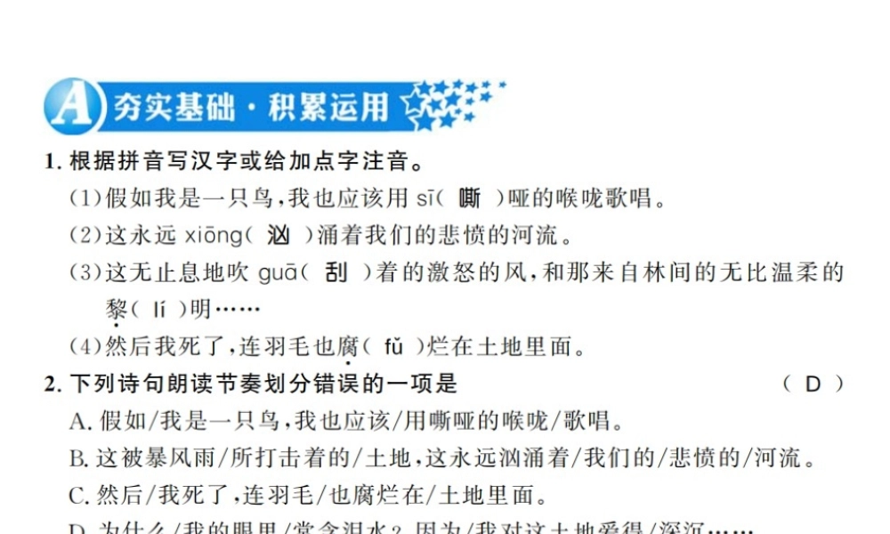 （广西专版）九年级语文上册 第一单元 第2课 我爱这土地习题课件 新人教版-新人教版初中九年级上册语文课件