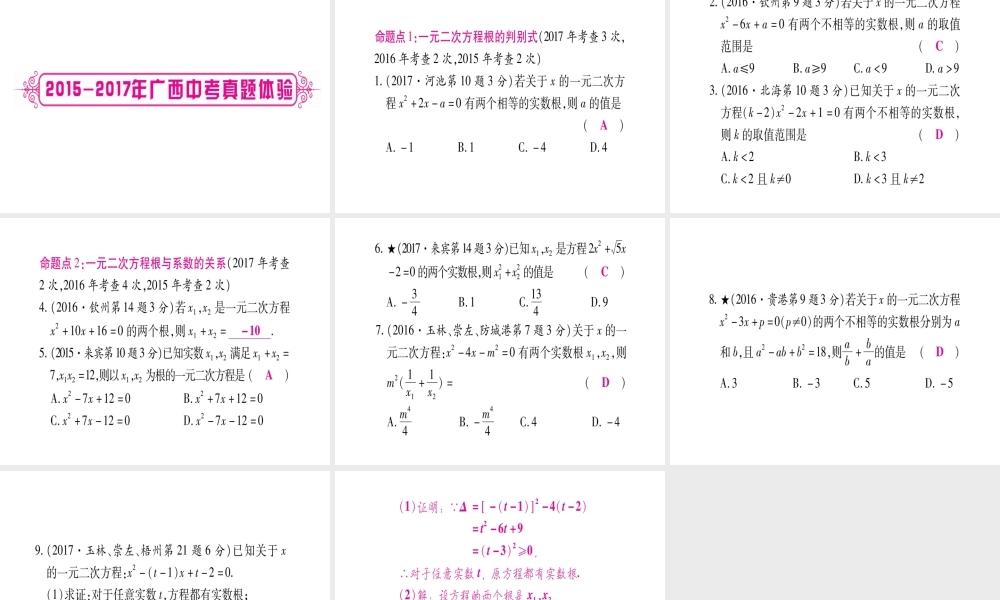 （广西北部湾专版）中考数学总复习 第一轮 考点系统复习 第2章 方程（组）与不等式（组）第2节 一元二次方程及其应用 第2课时 一元二次方程根的判别式及根与系数的关系课件 新人教版-新人教级全册数学课件