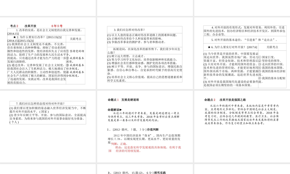 （德州专版）中考政治 第一部分 系统复习 成绩基石 主题17 改革开放 富国强民课件-人教版初中九年级全册政治课件