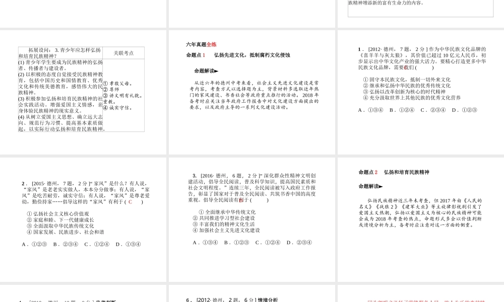 （德州专版）中考政治 第一部分 系统复习 成绩基石 主题20 弘扬中华文化 培育民族精神课件-人教版初中九年级全册政治课件