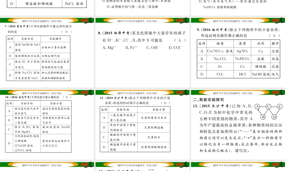 （怀化专版）中考化学命题研究 第二编 重点题型突破篇 专题二 物质的推断、鉴别与除杂（精练）课件-人教版初中九年级全册化学课件