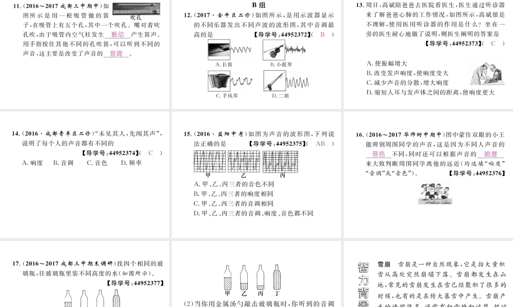 （成都专用）秋八年级物理上册 第3章 声 第2节 乐音的三个特征（精练）课件 （新版）教科版-（新版）教科版初中八年级上册物理课件