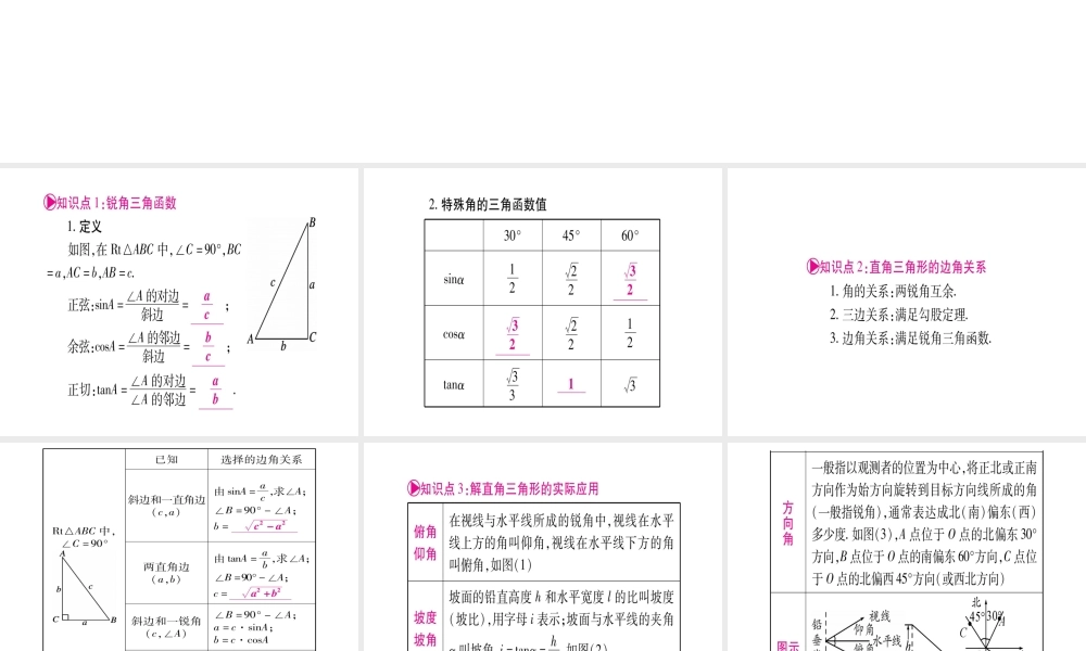 （广西北部湾专版）中考数学总复习 第一轮 考点系统复习 第4章 三角形 第6节 锐角三角函数及其应用课件 新人教版-新人教级全册数学课件