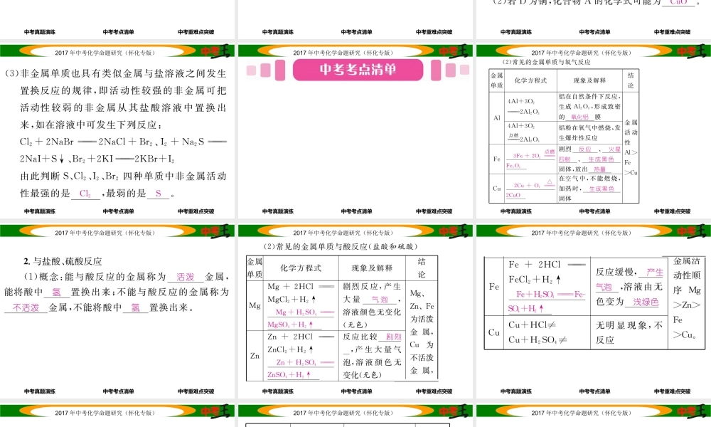 （怀化专版）中考化学命题研究 第一编 教材知识梳理篇 第八单元 金属和金属材料 课时2 金属的化学性质（精讲）课件-人教版初中九年级全册化学课件