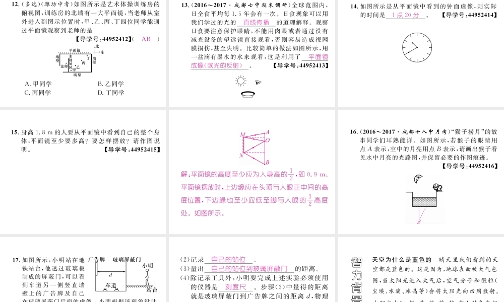 （成都专用）秋八年级物理上册 第4章 在光的世界里 第3节 科学探究 平面镜成像 第2课时 平面镜成像的有关问题（精练）课件 （新版）教科版-（新版）教科版初中八年级上册物理课件