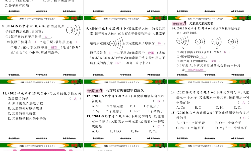 （怀化专版）中考化学命题研究 第一编 教材知识梳理篇 第三单元 物质构成的奥秘（精讲）课件-人教版初中九年级全册化学课件