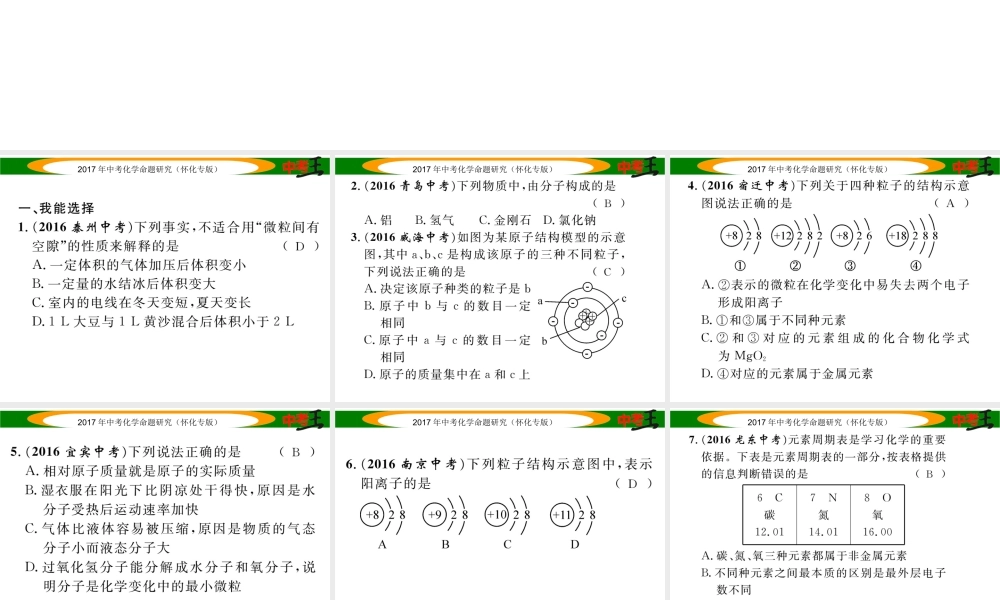 （怀化专版）中考化学命题研究 第一编 教材知识梳理篇 第三单元 物质构成的奥秘（精练）课件-人教版初中九年级全册化学课件