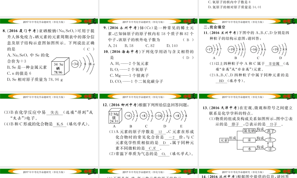 （怀化专版）中考化学命题研究 第一编 教材知识梳理篇 第三单元 物质构成的奥秘（精练）课件-人教版初中九年级全册化学课件