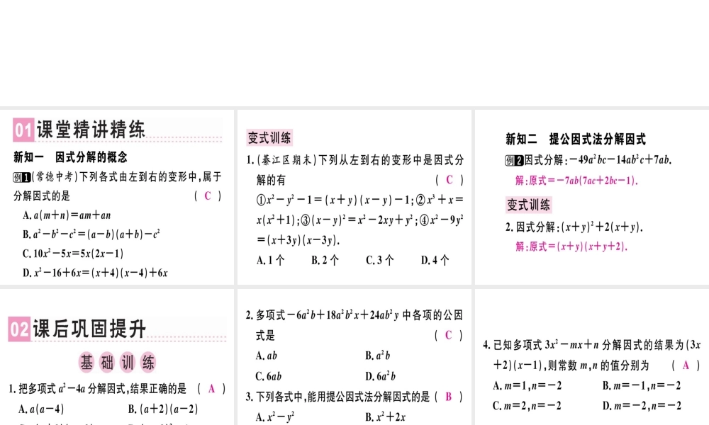 （广东专用）秋八年级数学上册 第十四章《整式的乘法与因式分解》14.3 因式分解 14.3.1 提公因式法课件 （新版）新人教版-（新版）新人教版初中八年级上册数学课件