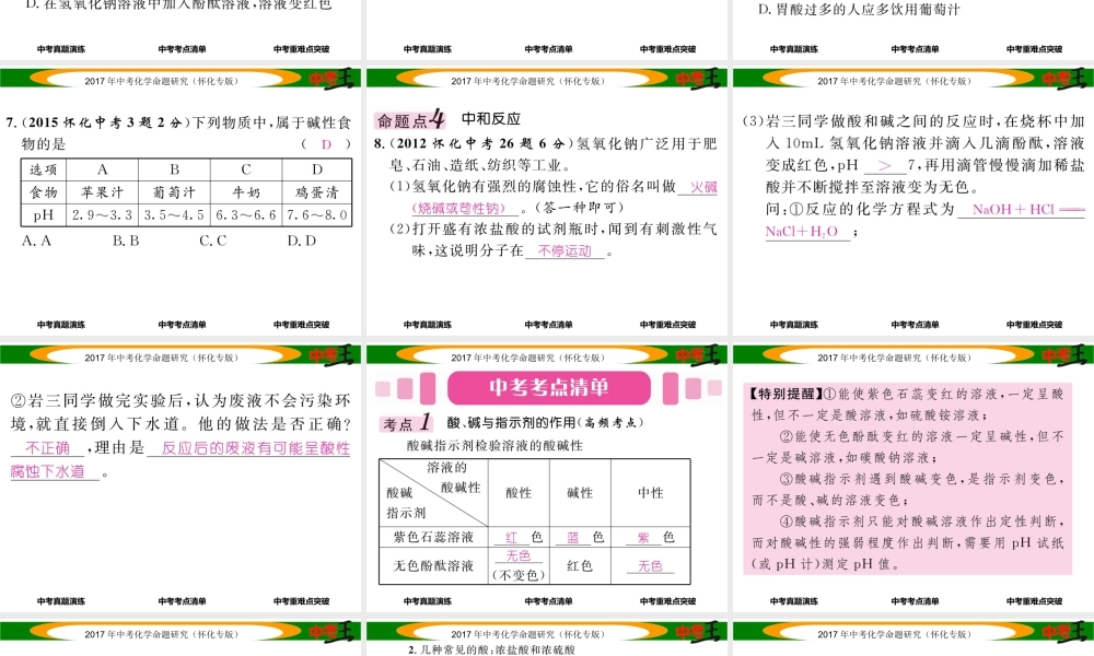 （怀化专版）中考化学命题研究 第一编 教材知识梳理篇 第十单元 酸和碱（精讲）课件-人教版初中九年级全册化学课件